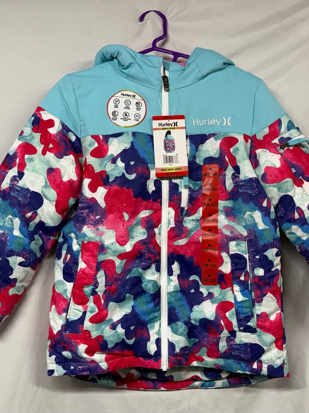 Hurley Girls' Multicolor Camo Hooded Snow Jacket - Aqua Accent